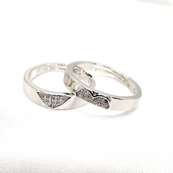 Vintage Jewelry - Brand New Silver With Rhinestone Hearts Couples Rings